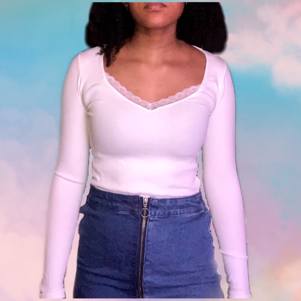 nwt stradivarius long sleeve white lace trim top